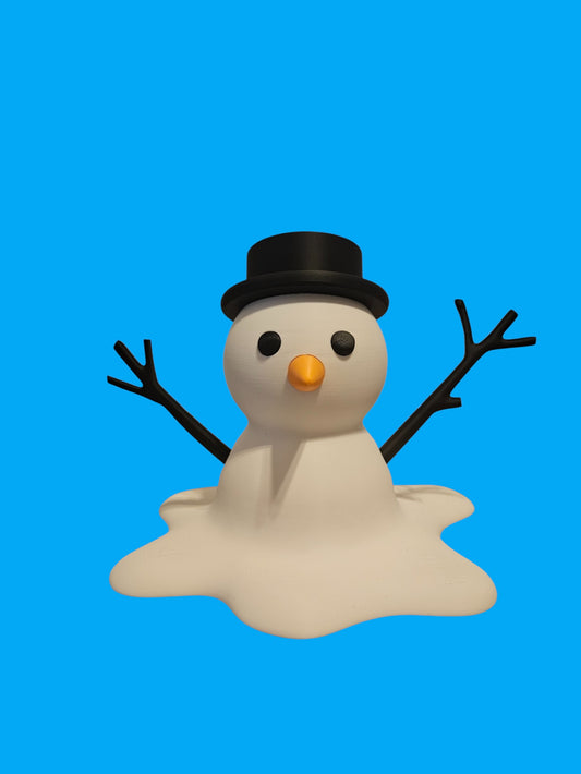 Melted snowman tabletop decor with black top hat, carrot nose and twig arms — handmade by Turner's Outpost.