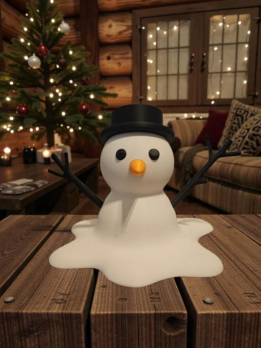 Melted snowman tabletop decor with black top hat, carrot nose and twig arms — handmade by Turner's Outpost.