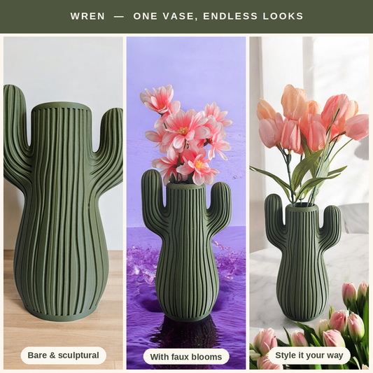 Wren Cactus Vase | Sage Green Saguaro Bud Vase for Dried Flowers — Handmade Boho Southwest Decor
